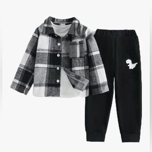 Toddler Boy Checkered Plaid Flannel Shirt + Dinosaurs Print Pants Set